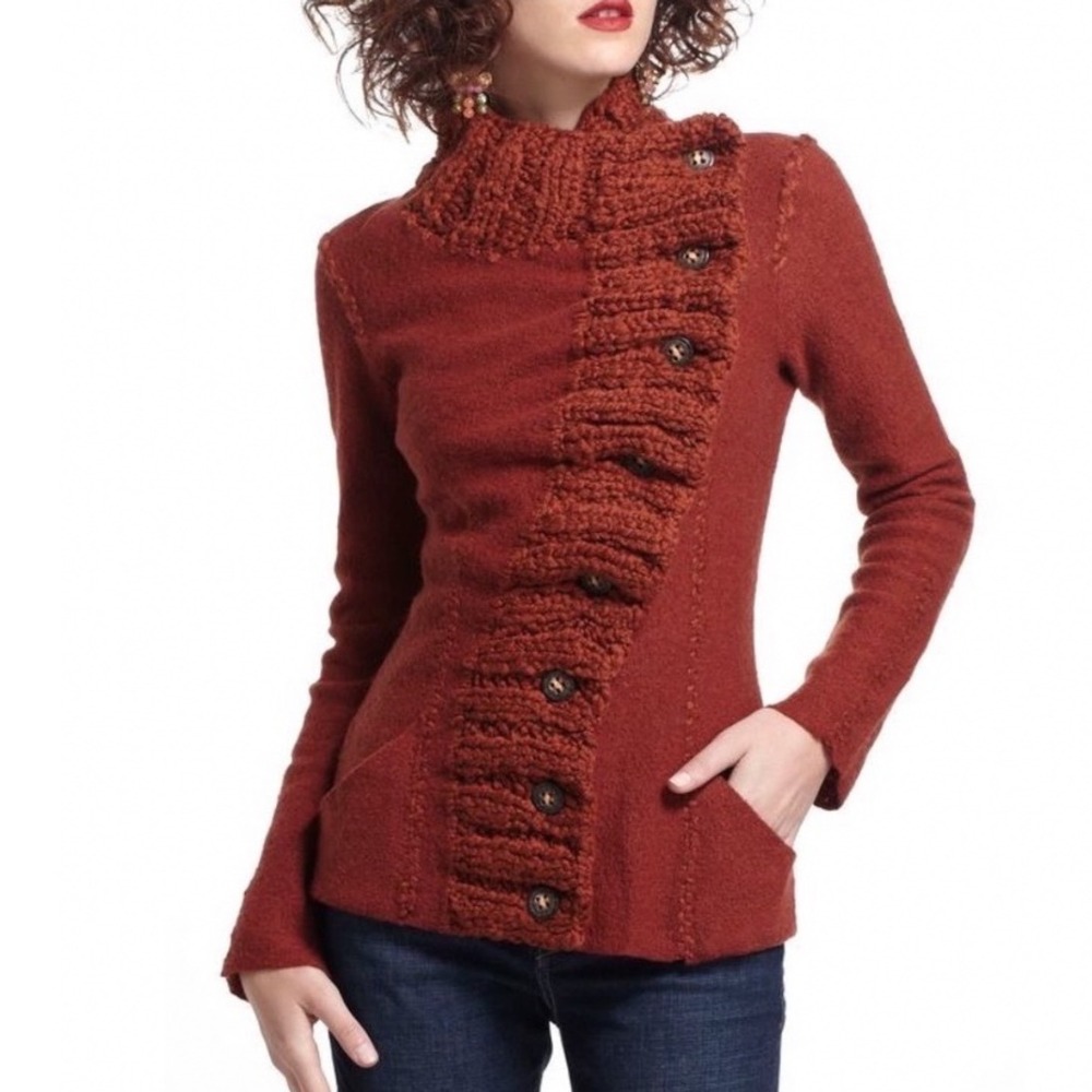 Anthropologie Gro Abrahamsson Transverse Placket Wool Cardigan Rust Orange XS
